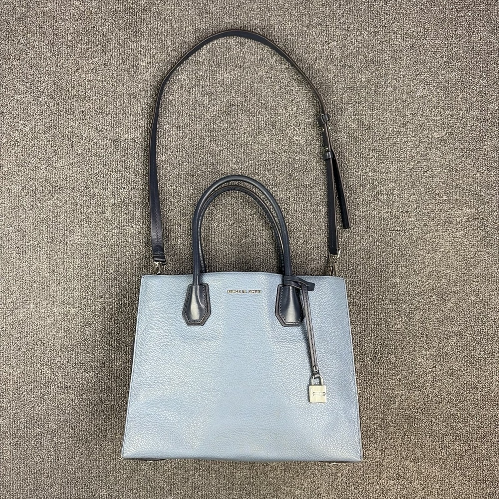 Michael Kors Mercer Medium Pebbled Leather Satchel Tote Bag Blue Purse Crossbody